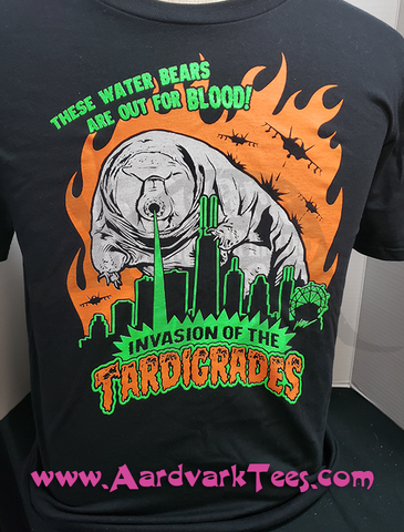 Invasion of the Tardigrades T-Shirt - Microbiologist gift - Water Bear - Classic Monster Movie Poster Style Lasers Pew Pews - Aardvark Tees - Tees that Please