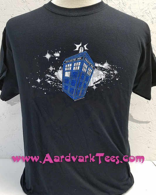 Whovian Space Police Box - Fans of the Doctor - Hand Printed T-Shirt - Aardvark Tees - Tees that Please