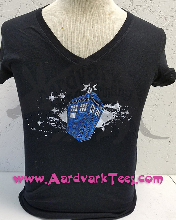 Whovian Space Police Box - Fans of the Doctor - Hand Printed T-Shirt - Aardvark Tees - Tees that Please